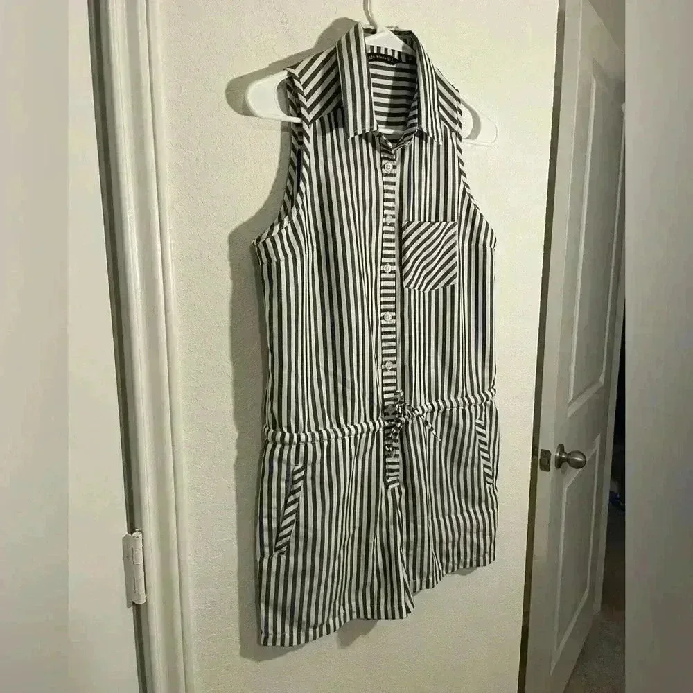 Zara Woman Collared Sleeveless Blue White Striped Tie Waist Pocketed Romper Sz S